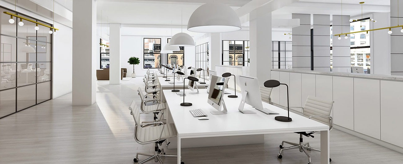 Modern, minimalist office workspace design