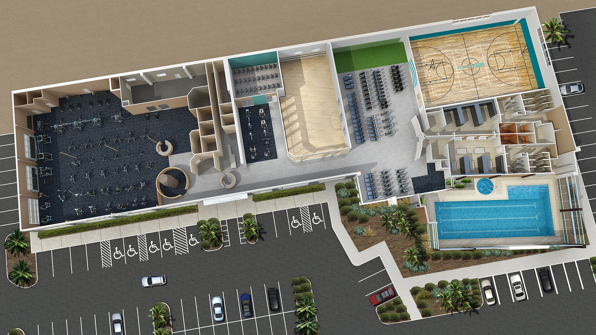 Gym layout with pool and courts